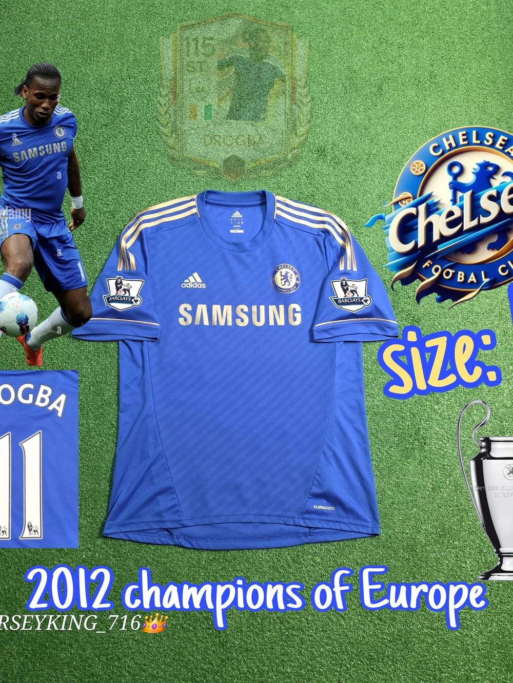 Adidas Chelsea FC Didier Drogba #11 2012/2013 Home Blue Jersey EPL Patches Large